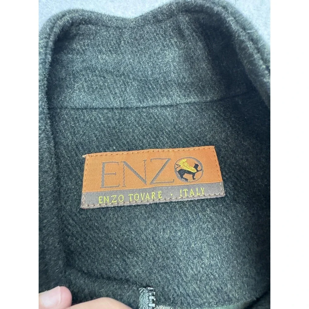 Enzo Tovare Jacket Mens Large Green Wool Herringbone Military Zip Buckle Collar